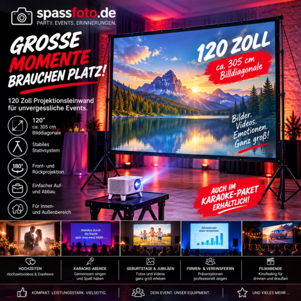 🎬 120" Projektionsleinwand mit Stativ – großes Kino für Deine Feier