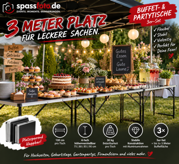 🍰 3er-Set Buffet- & Partytische – bis zu 3 Meter Platz für Deine Feier