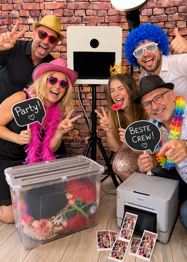 KI-generiertes Beispielmotiv einer Gruppe mit Partyrequisiten an einer Fotobox