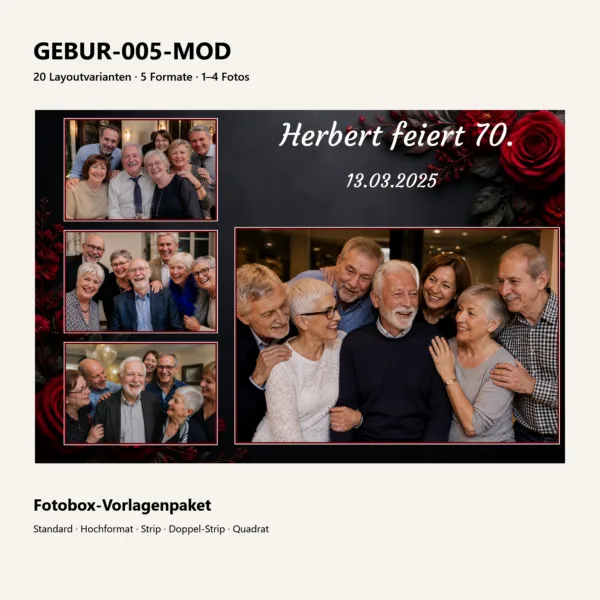 GEBUR-005-MOD: Produktvorschau eines Geburtstagslayouts mit roten Rosen und Beispielfotos